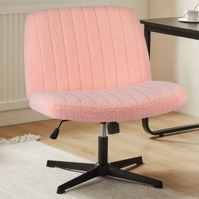 Cross Legged Office Living Room Rocking Gaming Chair Armless Wide Desk Adjustable Swivel Fabric Task Vanity Home Office (Color: Teddy velvet pink)