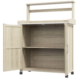 Outdoor Wooden Potting Bench With Storage Cabinet, Shelves, Galvanized Plated Tabletop For Backyard, Balcony, Natural (Option: Natural Wood-980x300x470 mm)